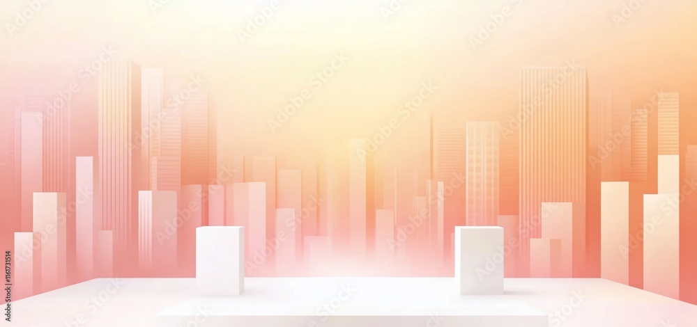 Poster minimalist product display with blurred city backdrop.