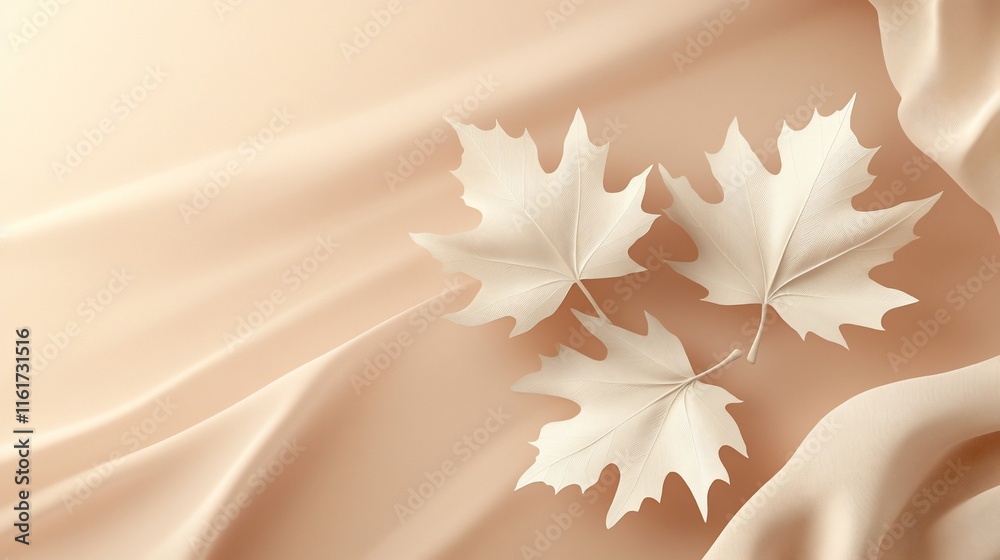 Poster three delicate white maple leaves rest on soft beige fabric, creating a serene autumnal scene.