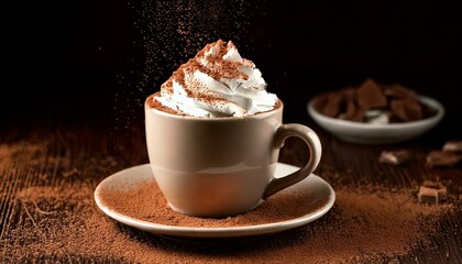 A cup of rich hot chocolate topped with whipped cream and a sprinkle of cocoa powder