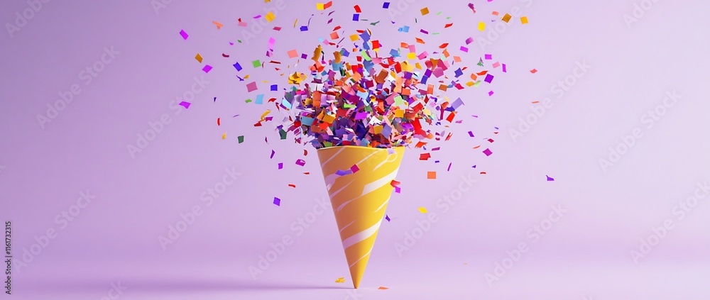Poster Colorful confetti exploding from a party cone against a light purple background.