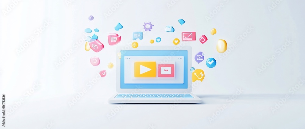 Poster laptop screen displaying video and chat icons surrounded by colorful social media symbols.