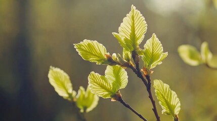 Close-up of vibrant, new spring leaves on a branch, backlit by sunlight.