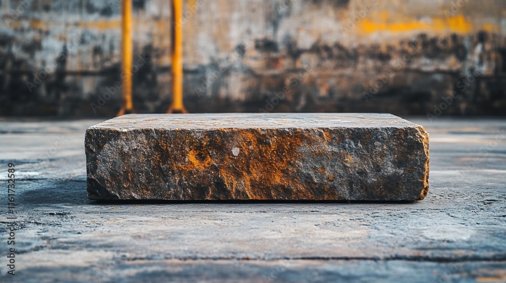 Aufkleber Grungy stone block on worn floor against a textured wall.