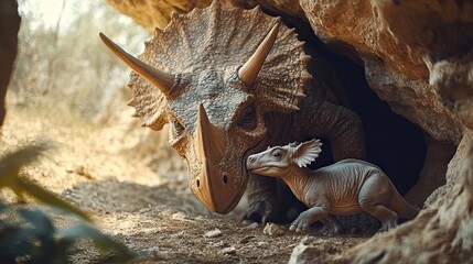 Naklejka premium A mother and baby dinosaur in a cave setting, showcasing a nurturing scene in nature.