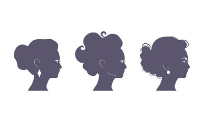 Young women face side view icon silhouettes set. Elegant silhouettes of a female head. Avatar profile sign