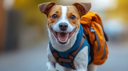 A cheerful dog wearing a backpack, ready for an adventure.