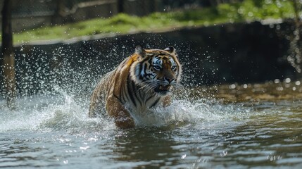 Siberian Tiger Running Through Water Splashing