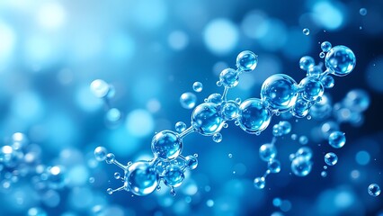 Elegant blue backdrop highlighting hydration technology with hyaluronic acid and water molecules.