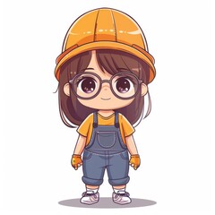 Fototapeta premium Cute cartoon girl in overalls and hard hat, female construction worker illustration
