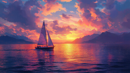 Sunset sailing adventure with panoramic mountain views and calm ocean waters in the distance