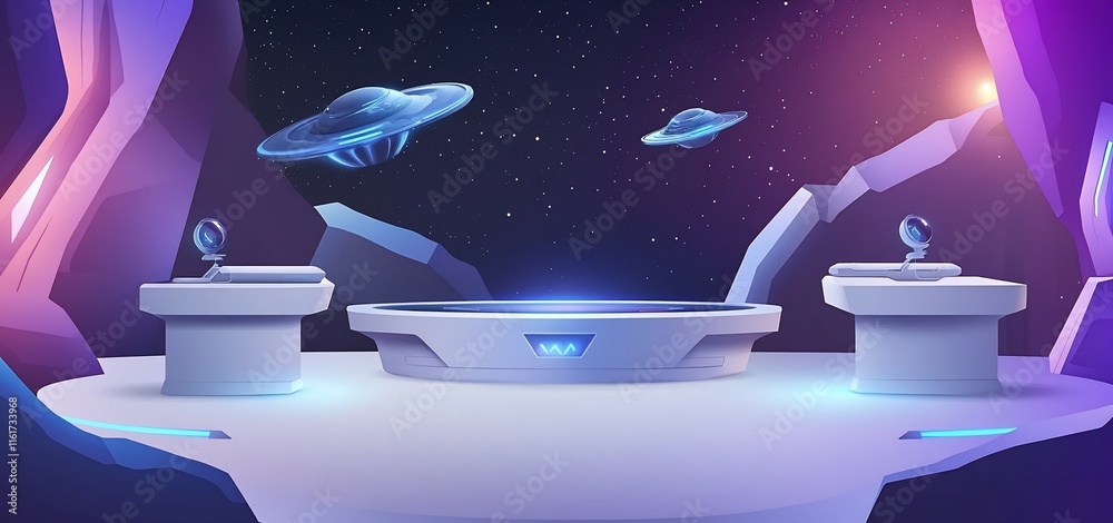 Poster futuristic alien spaceship landing platform scene in a rocky cave with glowing lights and ufos.