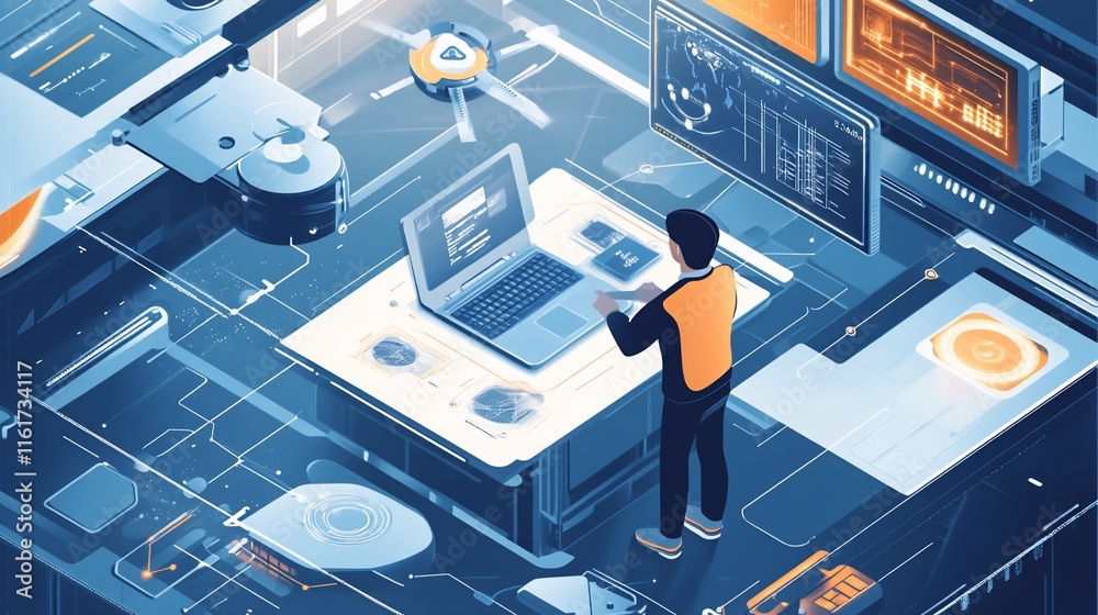 Poster Isometric illustration of a programmer working on a laptop surrounded by digital interfaces and technology.