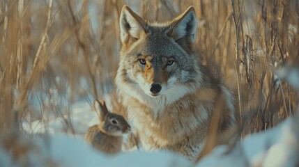 Obraz premium A coyote watches intently while a rabbit sits nearby in a snowy, natural setting.