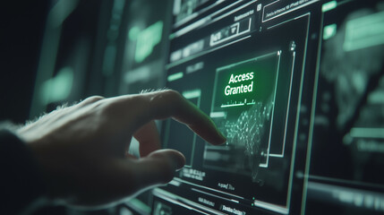 The scene shows a clean, modern screen with the large word  Access Granted  on the screen with green color accent, The person’s hand hovers over the screen,  
