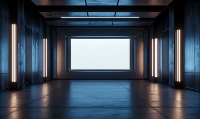 A modern, minimalist interior space with ambient lighting and a blank screen.