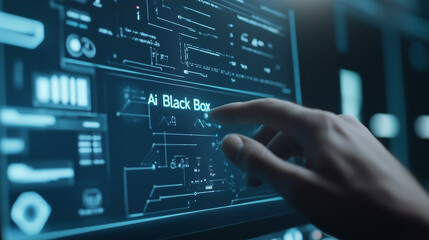  The scene shows a clean, modern screen with the large word  Ai Black Box  on the screen with blue color accent and capital letters and there is minimalist coding image below it