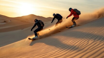 Sand dune snowboarding: extreme sport, desert landscape, downhill motion, carving ride, speed thrill, gravity defiance, adventurous action, adrenaline surge, sandy slopes, challenging terrain.