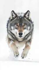 Naklejka premium A wolf leaping through snow, showcasing its agility and strength in a winter landscape.