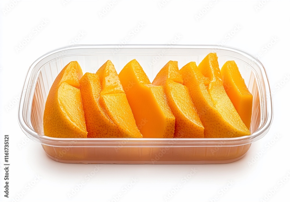 Poster slices of ripe persimmon fruit in a clear plastic container, isolated on white background.