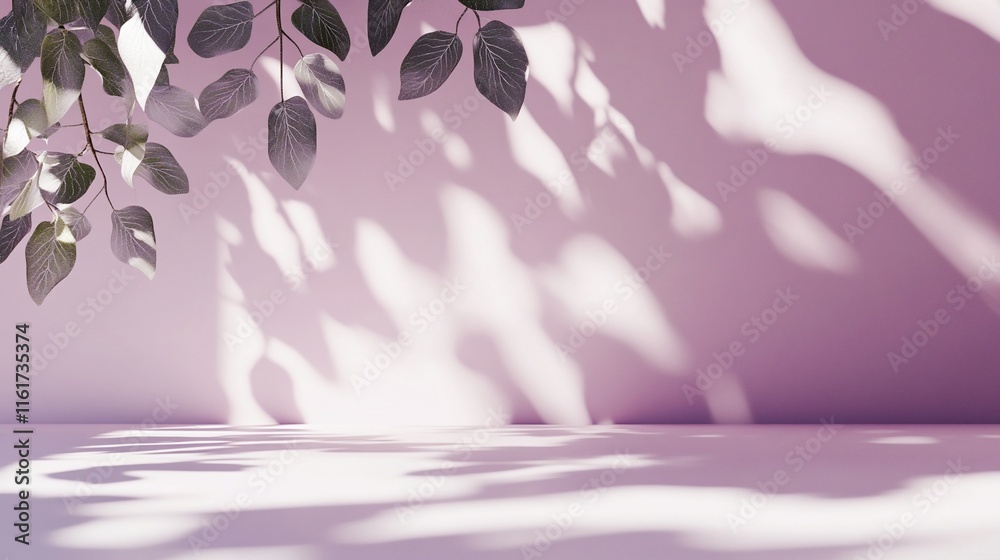 Aufkleber Pink wall background with leaves and shadows, creating a minimalist and serene scene, ideal for product display or design projects.