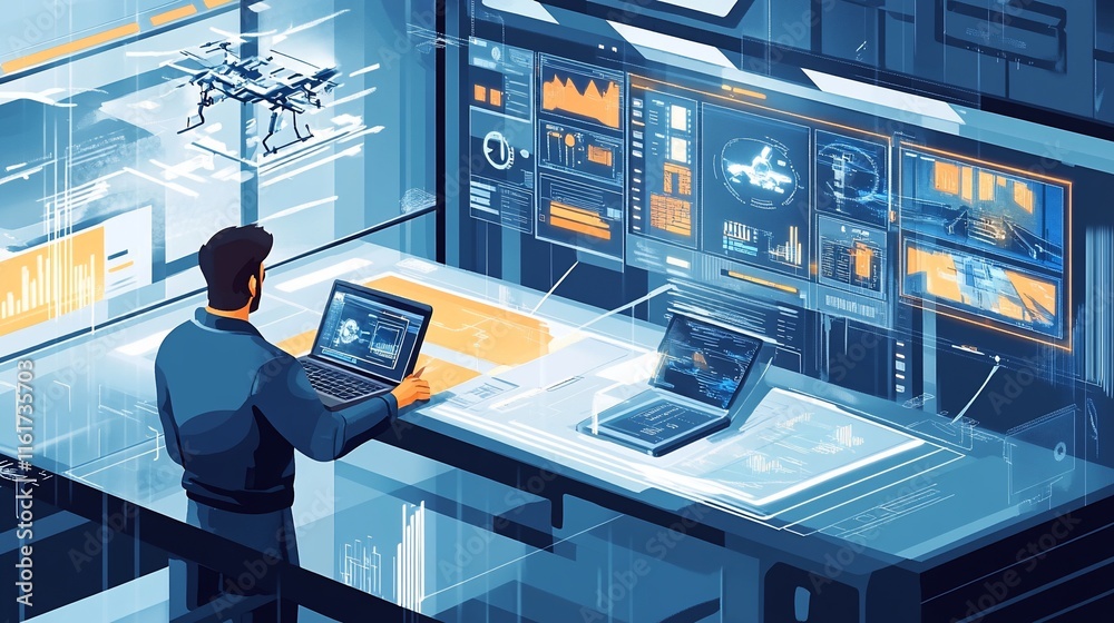 Poster Man monitoring drone delivery via futuristic interface.