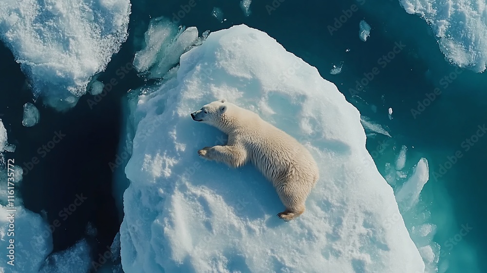 Poster aerial view of a polar bear resting on a small iceberg in the arctic ocean.