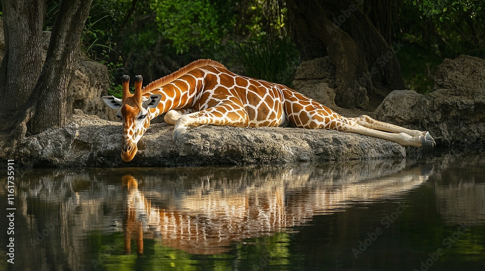 Poster a giraffe rests on a rock near a pond, its reflection visible in the calm water.
