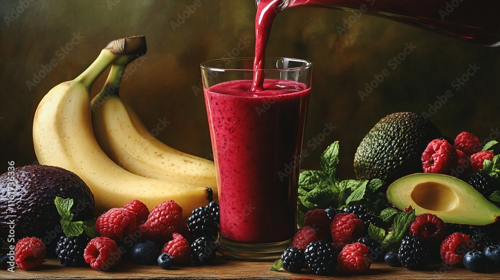 Sticker Red smoothie pouring into glass, surrounded by raspberries, blackberries, blueberries, bananas, avocados and mint leaves on wooden surface.