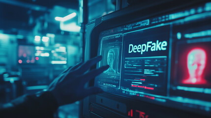  The scene shows a clean, modern screen with the large word  DeepFake  on the screen with blue color accent and capital letters and there is minimalist human face illustration below it