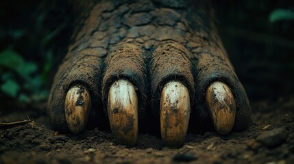 Fototapeta premium Close-up of a large animal's paw with prominent claws resting on the ground.