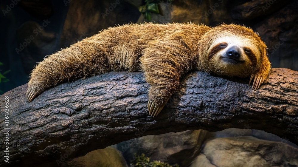Poster a relaxed sloth resting on a tree branch.