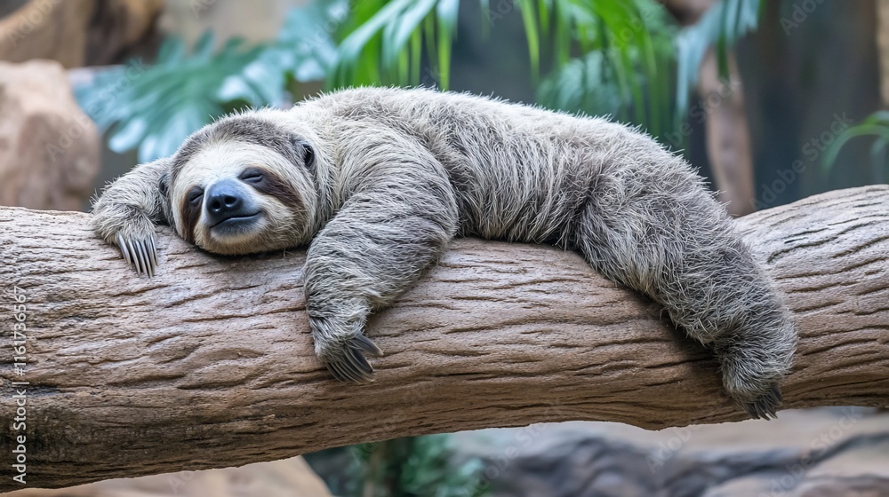 Poster a relaxed sloth sleeps soundly sprawled on a tree branch in a lush green environment.