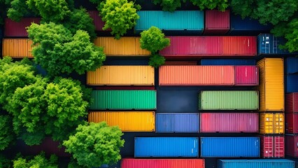Contrast of nature and industry with colorful shipping containers and lush green trees, showcasing themes of trade, environment, and sustainability.