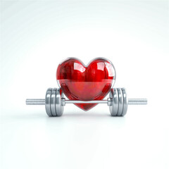 Health and wellness concept. Red heart with metal dumbbell isolated on white background. Generative AI.
