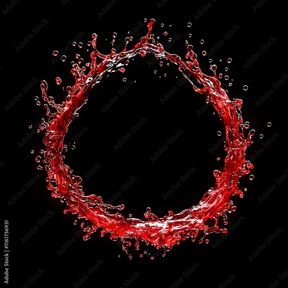 Poster red liquid forming a circular splash on black background.