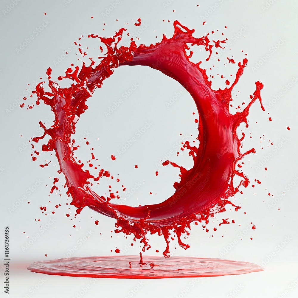 Poster red liquid splash forming a circular frame against a white background.