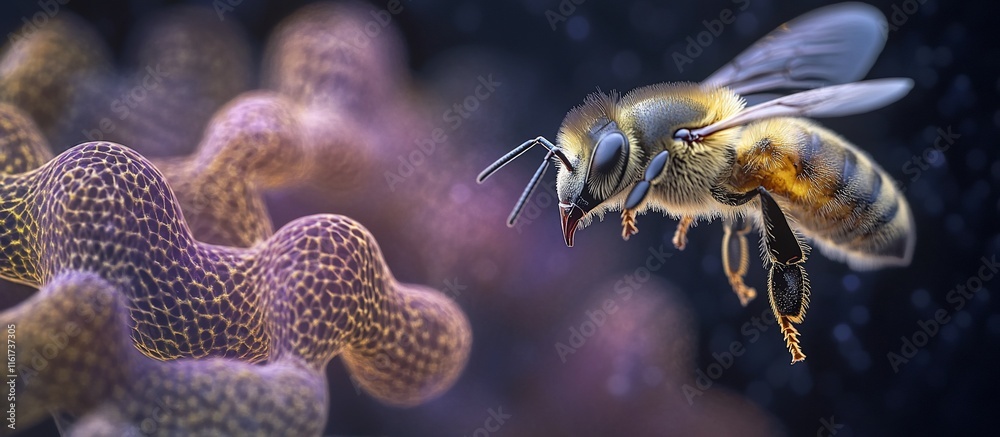 Poster close-up of a honeybee in flight near abstract protein structure.