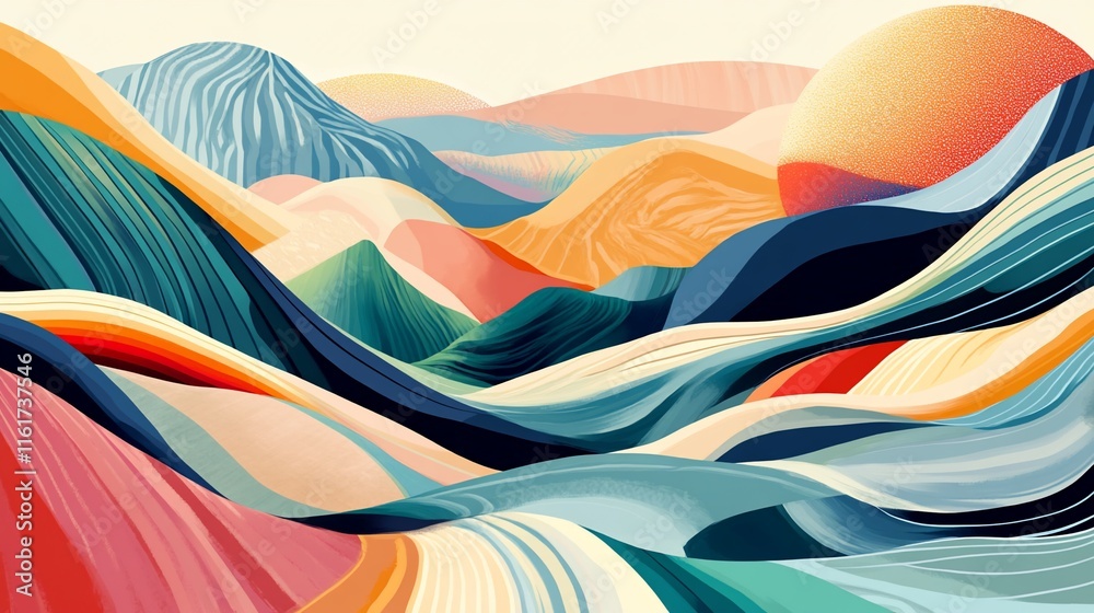 Poster abstract landscape painting with colorful, flowing hills and a setting sun.