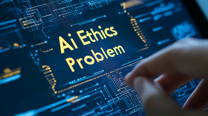  The scene shows a clean, modern screen with the large word  Ai Ethics Problem  on the screen with yellow color accent and capital letters and there is minimalist network image below it