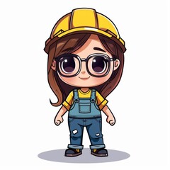 Fototapeta premium Cute cartoon girl in overalls and hard hat, female construction worker illustration