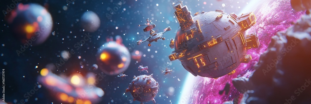 Poster futuristic space station orbiting a vibrant pink planet, surrounded by smaller spacecraft and astero