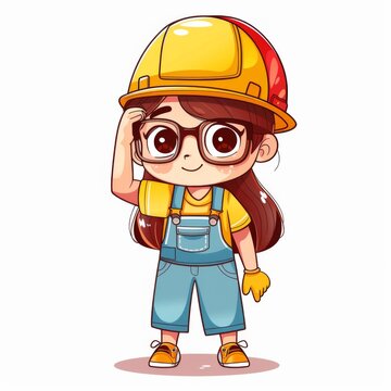 recommend clip art: Cute cartoon girl in overalls and hard hat, female construction worker illustration