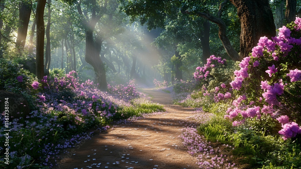 Poster sunlit path through a lush forest with blooming rhododendrons.