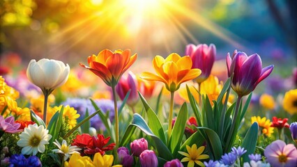 Fototapeta premium Colorful flowers blooming in the warm sunlight of a spring day, seasonal blooms
