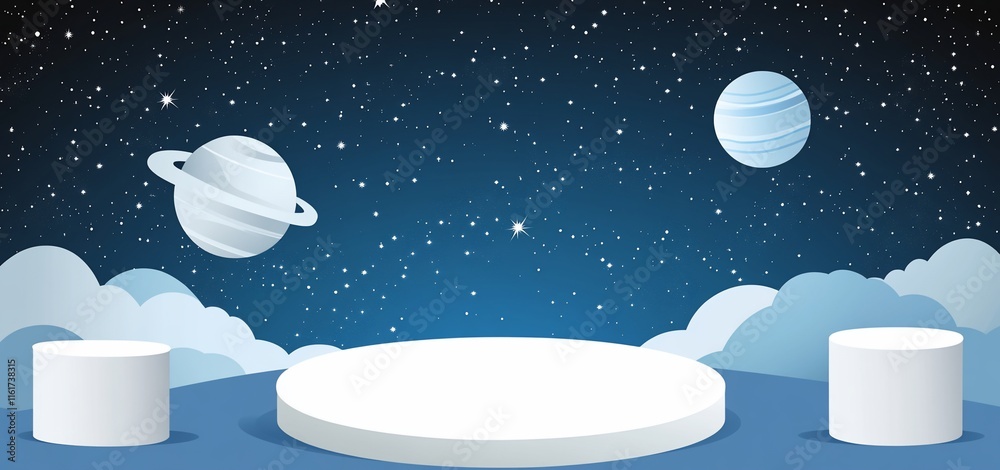Aufkleber White display podiums on a cosmic background with planets and clouds.