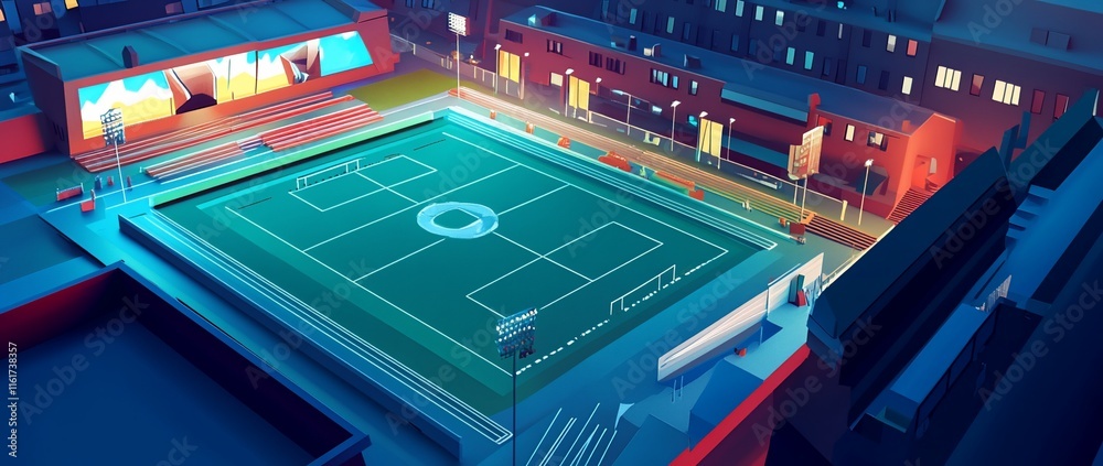 Poster night view of a brightly lit urban soccer field with stands and surrounding buildings.
