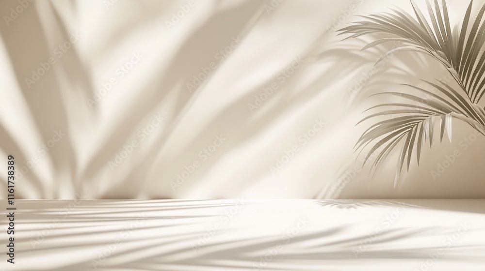 Poster minimalist beige background with palm leaf shadows.