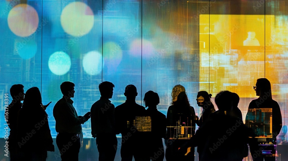 Aufkleber Silhouetted group of people networking at a technology event with a large digital screen displaying colorful abstract graphics in the background.