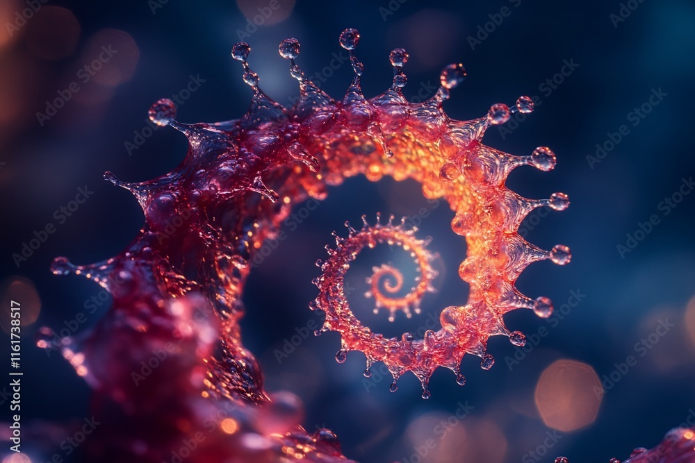 Poster abstract spiral of vibrant red liquid with glowing droplets, bokeh background.