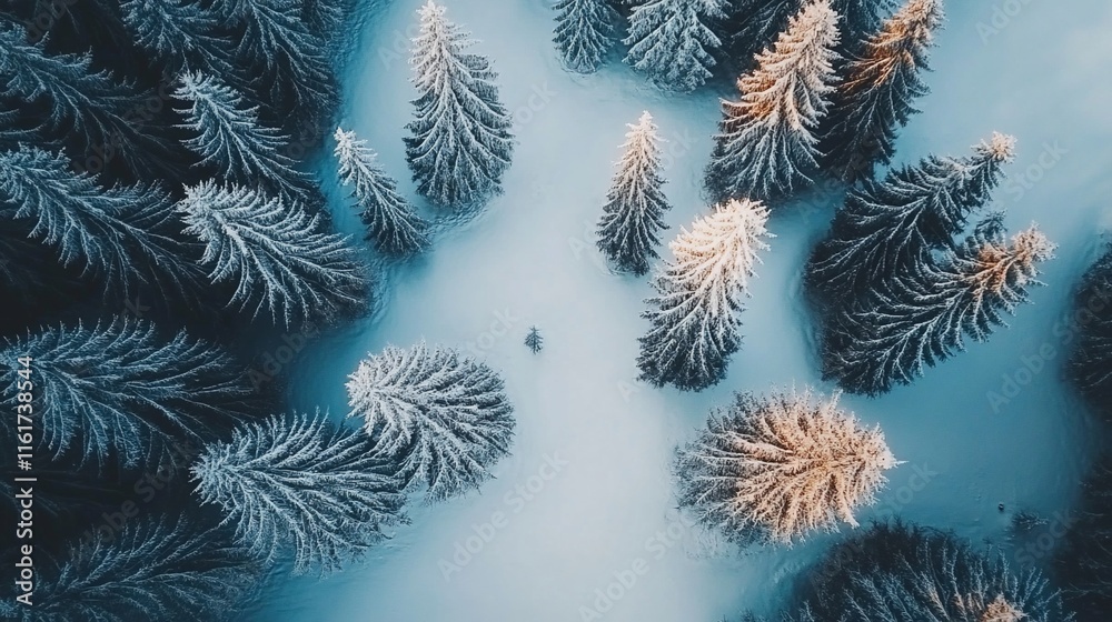 Poster aerial view of snow-covered pine trees in a winter forest.